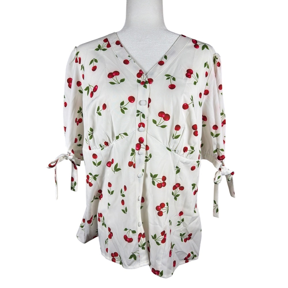 Belle Poque Women XL Cherry Print Button Down Blouse V-Neck Tie Sleeve White Red